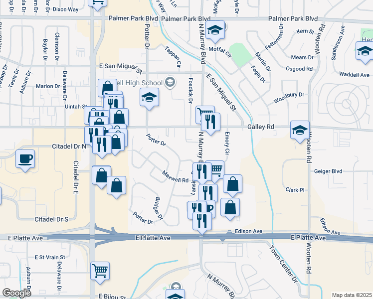 map of restaurants, bars, coffee shops, grocery stores, and more near 904 North Murray Boulevard in Colorado Springs