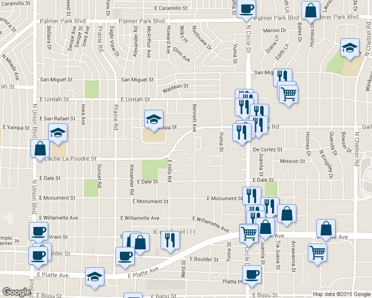 map of restaurants, bars, coffee shops, grocery stores, and more near 2524 Knob Hill Court in Colorado Springs
