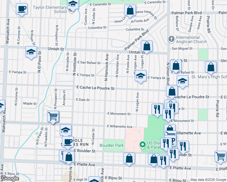 map of restaurants, bars, coffee shops, grocery stores, and more near 828 North Sheridan Avenue in Colorado Springs