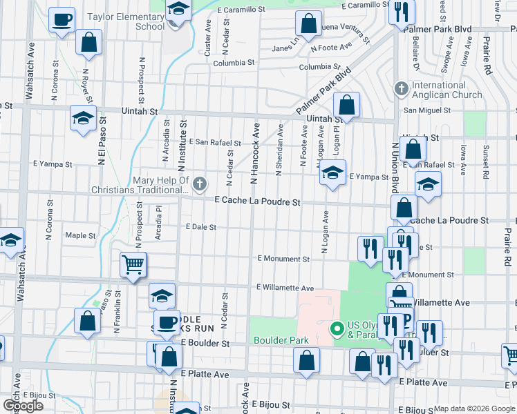 map of restaurants, bars, coffee shops, grocery stores, and more near 824 North Hancock Avenue in Colorado Springs