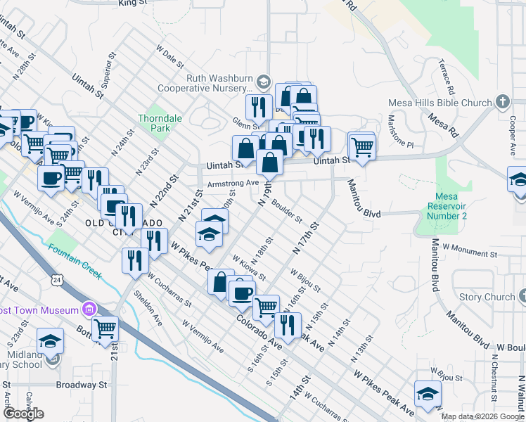 map of restaurants, bars, coffee shops, grocery stores, and more near 309 North 19th Street in Colorado Springs