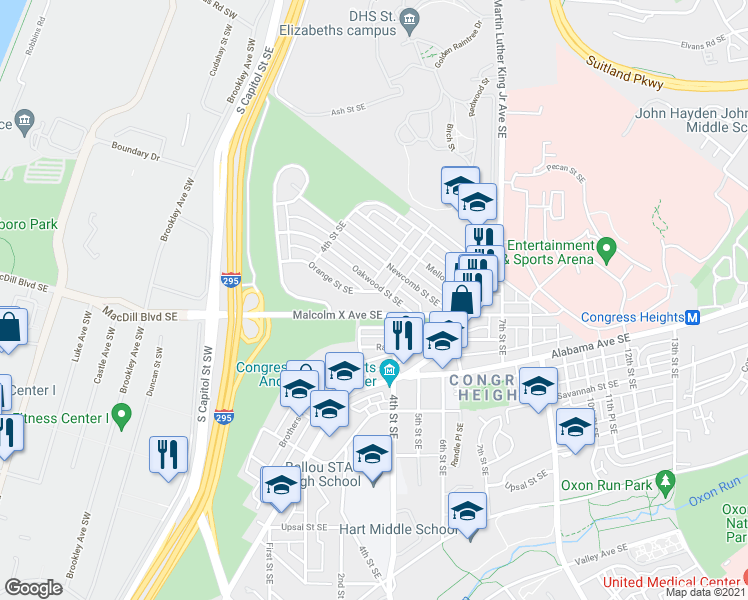 map of restaurants, bars, coffee shops, grocery stores, and more near 503 Oakwood Street Southeast in Washington