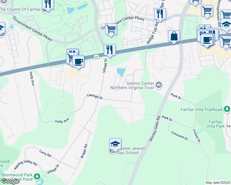 map of restaurants, bars, coffee shops, grocery stores, and more near 11623 Forest Hill Court in Fairfax