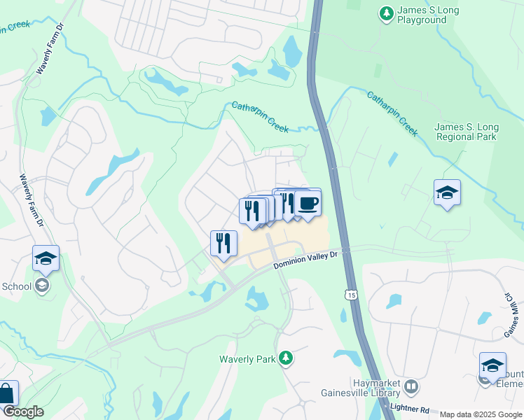map of restaurants, bars, coffee shops, grocery stores, and more near 5489 Rodriquez Lane in Haymarket