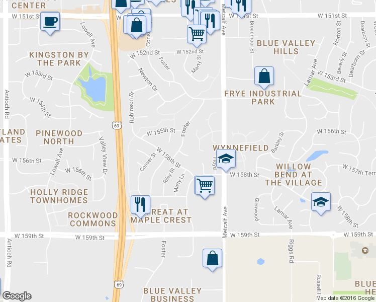 map of restaurants, bars, coffee shops, grocery stores, and more near 7412 West 155th Terrace in Overland Park