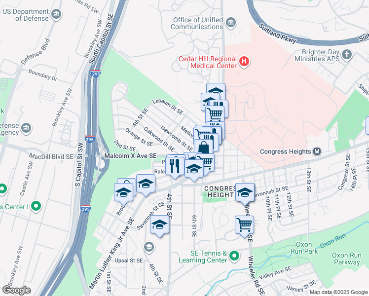 map of restaurants, bars, coffee shops, grocery stores, and more near 537 Newcomb Street Southeast in Washington