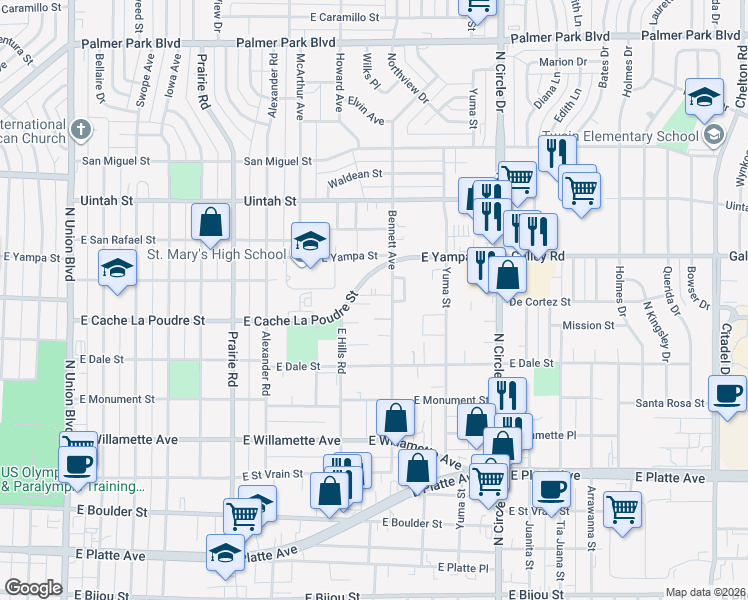 map of restaurants, bars, coffee shops, grocery stores, and more near 2524 Knob Hill Court in Colorado Springs