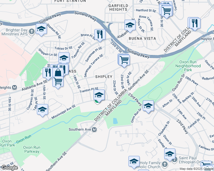 map of restaurants, bars, coffee shops, grocery stores, and more near 3444 21st Street Southeast in Washington