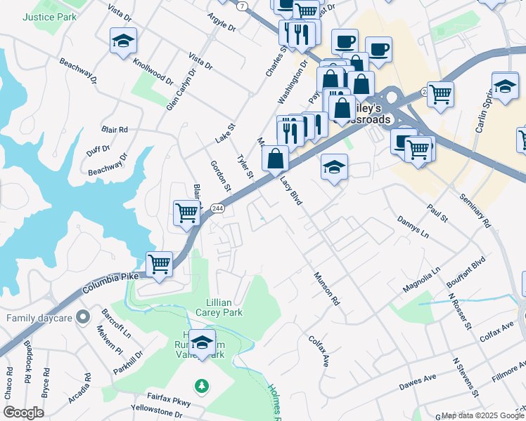 map of restaurants, bars, coffee shops, grocery stores, and more near 3613 Barcroft View Terrace in Falls Church