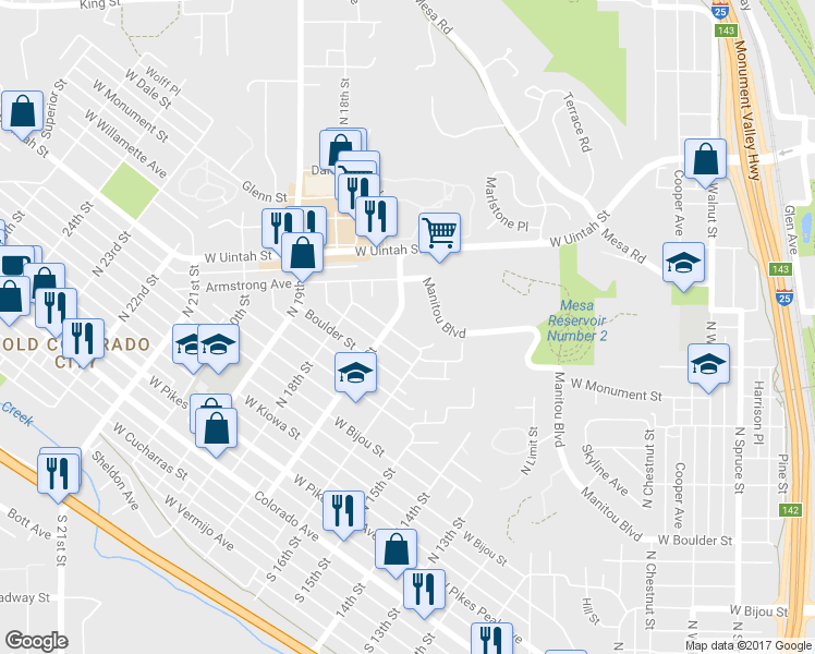 map of restaurants, bars, coffee shops, grocery stores, and more near 1622 West Saint Vrain Street in Colorado Springs