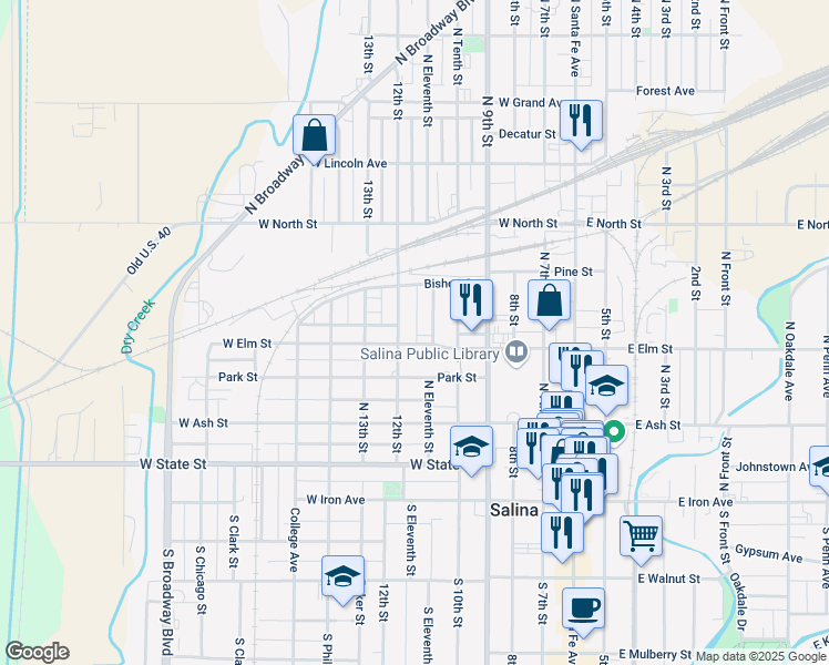 map of restaurants, bars, coffee shops, grocery stores, and more near 616 West Elm Street in Salina