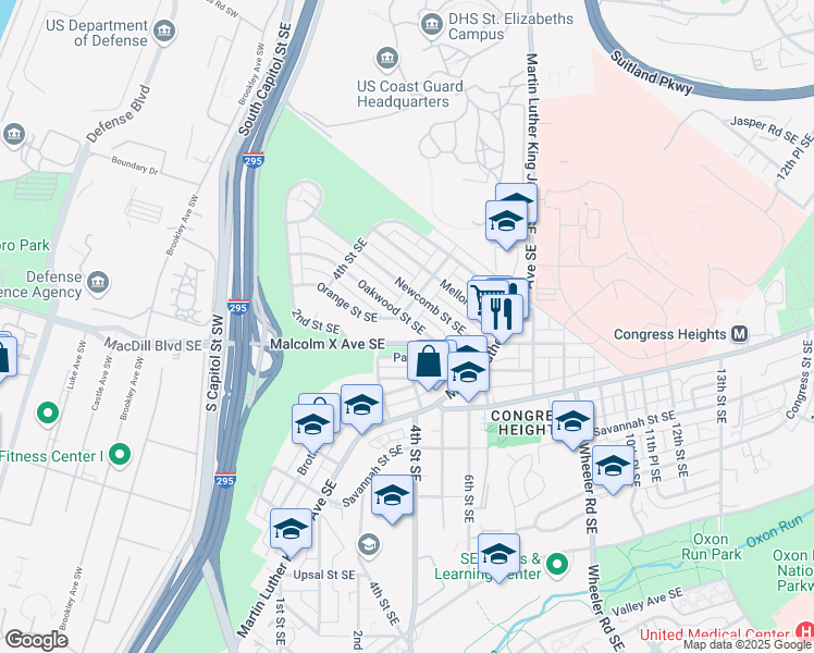 map of restaurants, bars, coffee shops, grocery stores, and more near 503 Oakwood Street Southeast in Washington