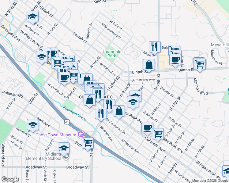map of restaurants, bars, coffee shops, grocery stores, and more near 2118 West Kiowa Street in Colorado Springs