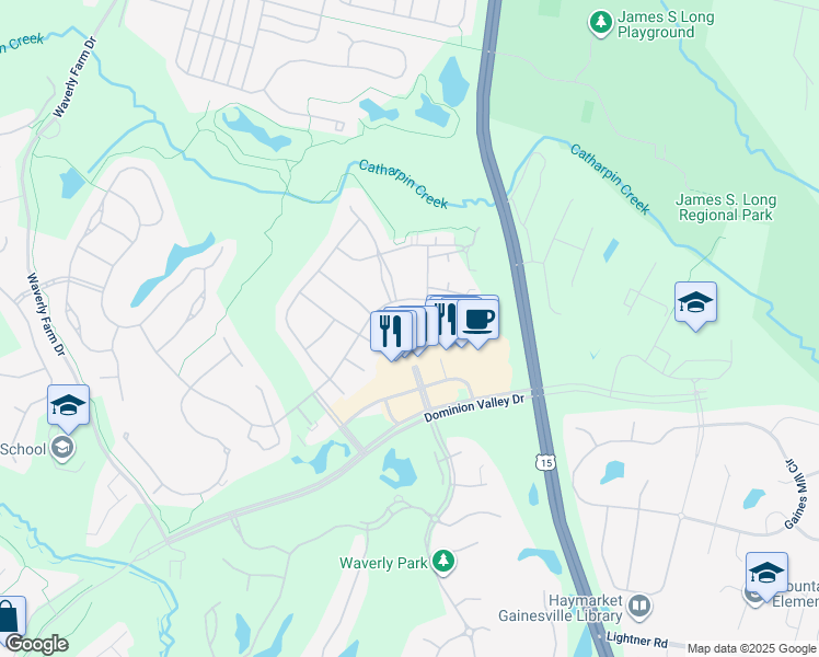 map of restaurants, bars, coffee shops, grocery stores, and more near 5491 Rodriquez Lane in Haymarket