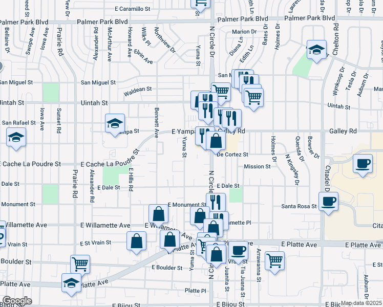 map of restaurants, bars, coffee shops, grocery stores, and more near 873 Yuma Street in Colorado Springs