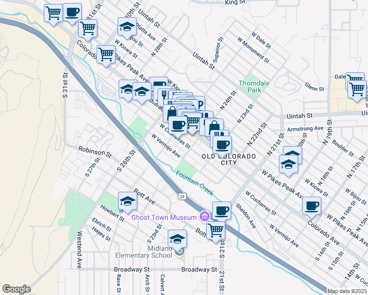 map of restaurants, bars, coffee shops, grocery stores, and more near 2409 West Cucharras Street in Colorado Springs