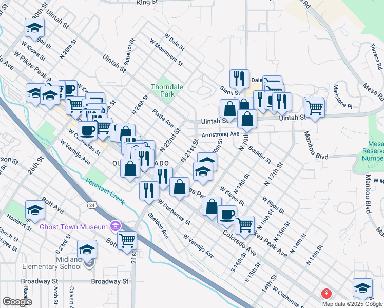 map of restaurants, bars, coffee shops, grocery stores, and more near 2028 West Bijou Street in Colorado Springs