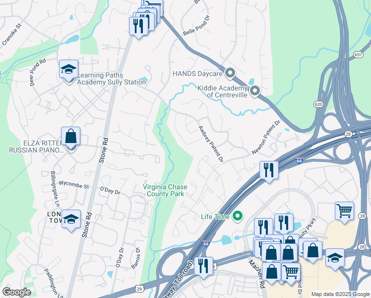 map of restaurants, bars, coffee shops, grocery stores, and more near 14449 Four Chimney Drive in Centreville
