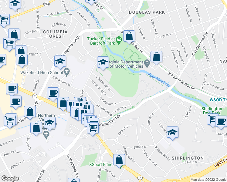 map of restaurants, bars, coffee shops, grocery stores, and more near 2317 South Buchanan Street in Arlington