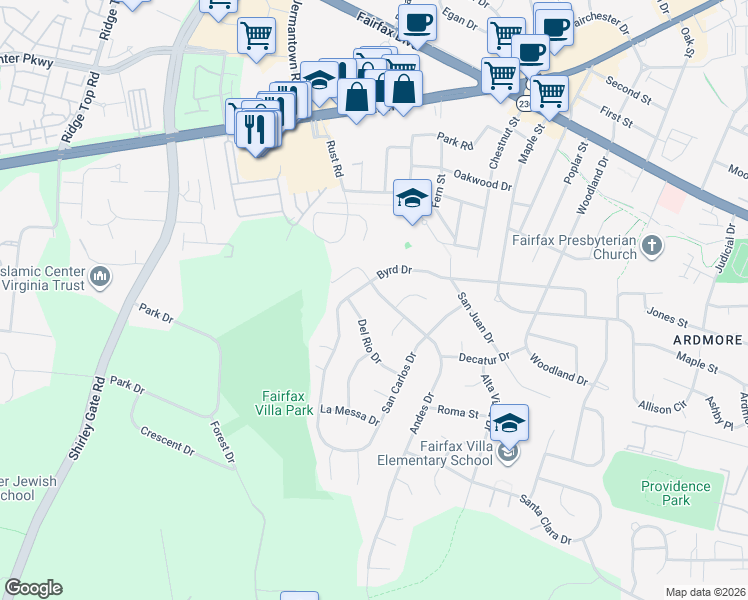 map of restaurants, bars, coffee shops, grocery stores, and more near 4302 Andes Drive in Fairfax