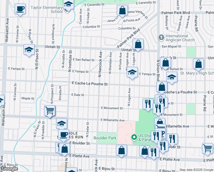 map of restaurants, bars, coffee shops, grocery stores, and more near 828 North Sheridan Avenue in Colorado Springs