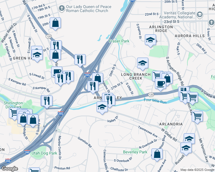 map of restaurants, bars, coffee shops, grocery stores, and more near 2350 26th Court South in Arlington
