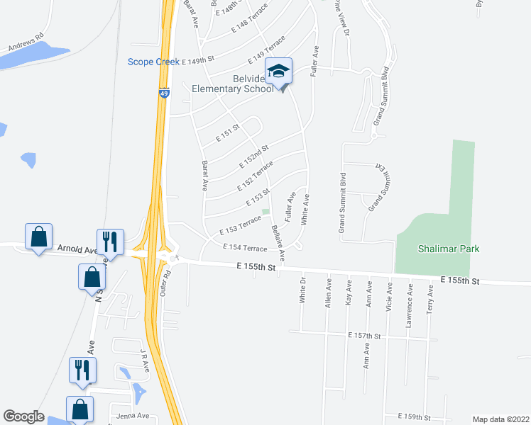 map of restaurants, bars, coffee shops, grocery stores, and more near 6208 East 153 Terrace in Grandview