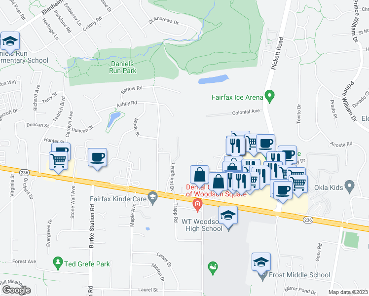 map of restaurants, bars, coffee shops, grocery stores, and more near 3790 Lyndhurst Drive in Fairfax