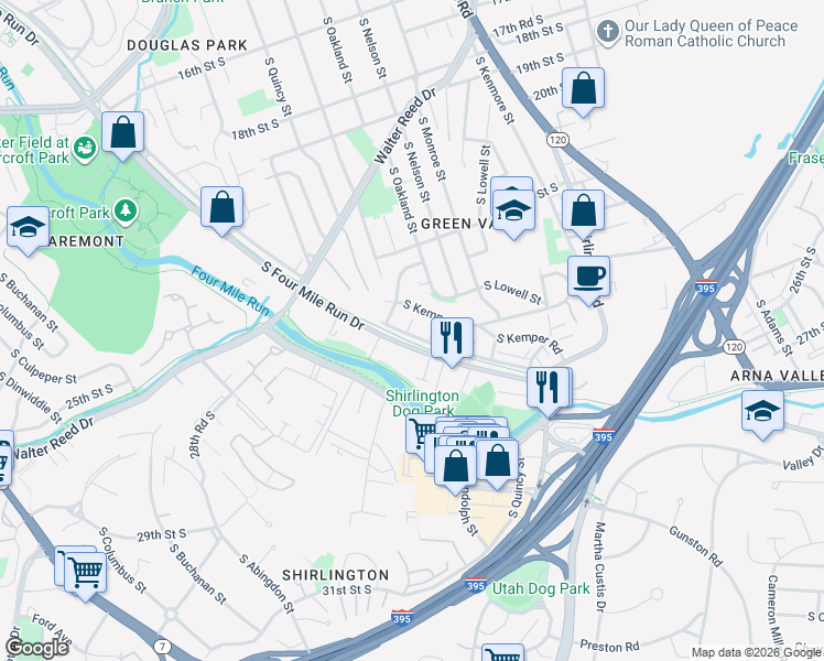 map of restaurants, bars, coffee shops, grocery stores, and more near 3739 South Four Mile Run Drive in Arlington