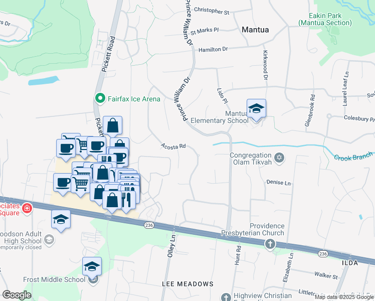 map of restaurants, bars, coffee shops, grocery stores, and more near 3804 Acosta Road in Fairfax