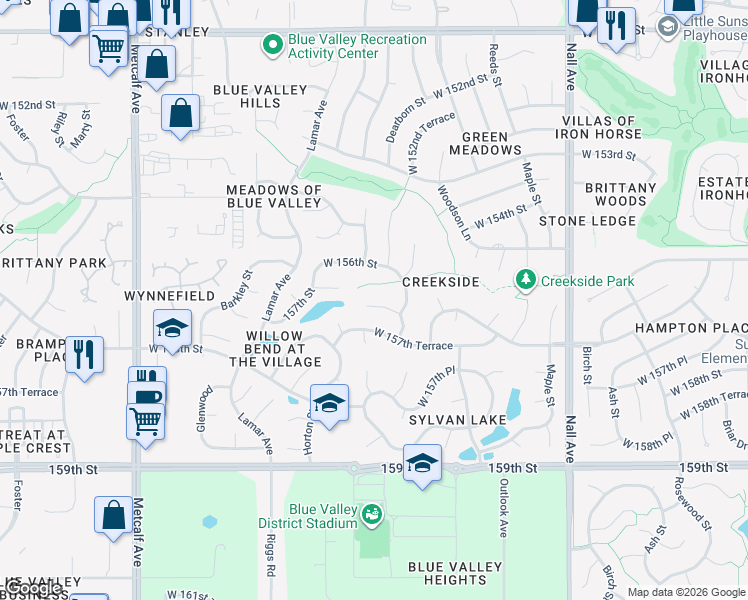 map of restaurants, bars, coffee shops, grocery stores, and more near 6116 157th Street in Overland Park