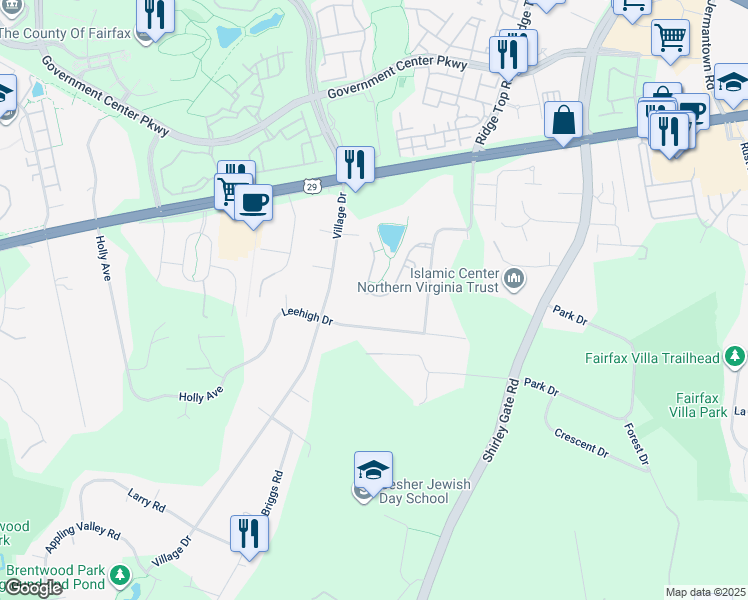 map of restaurants, bars, coffee shops, grocery stores, and more near 11623 Forest Hill Court in Fairfax