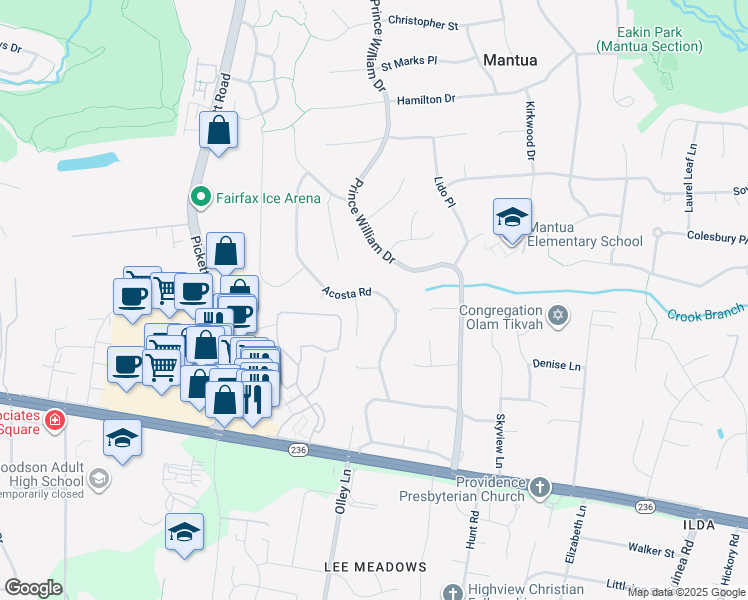 map of restaurants, bars, coffee shops, grocery stores, and more near 3804 Acosta Road in Fairfax