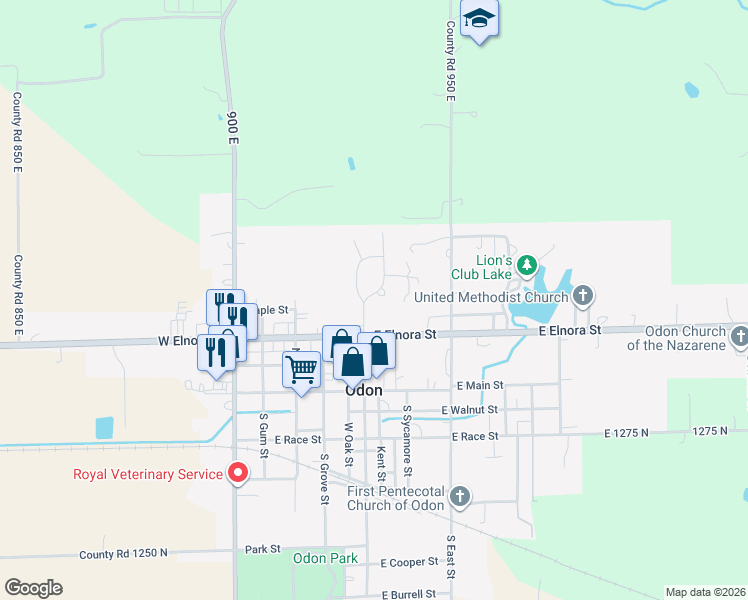map of restaurants, bars, coffee shops, grocery stores, and more near 301 North Spring Street in Odon
