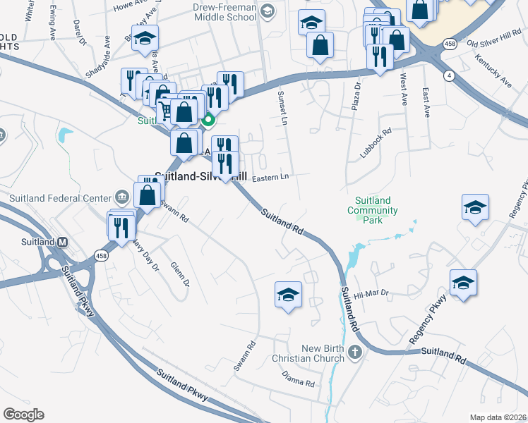 map of restaurants, bars, coffee shops, grocery stores, and more near Suitland Road in Suitland-Silver Hill