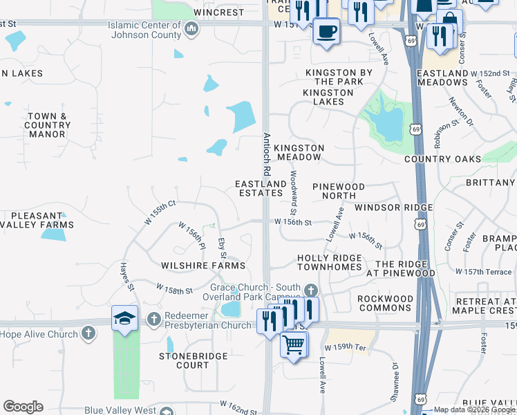 map of restaurants, bars, coffee shops, grocery stores, and more near 8802 West 155th Terrace in Overland Park