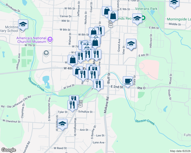 map of restaurants, bars, coffee shops, grocery stores, and more near 100-198 E 3rd St in Fulton