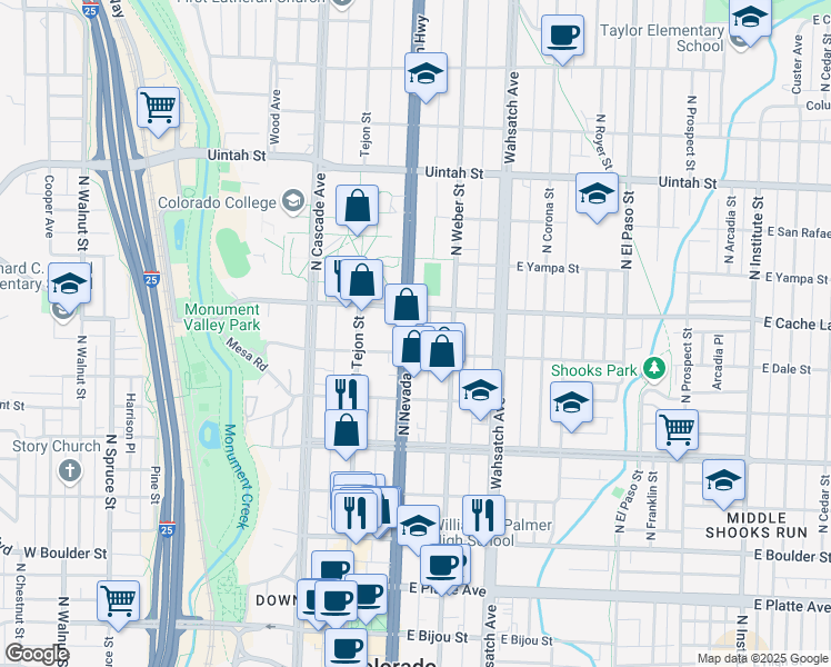 map of restaurants, bars, coffee shops, grocery stores, and more near 815 North Nevada Avenue in Colorado Springs