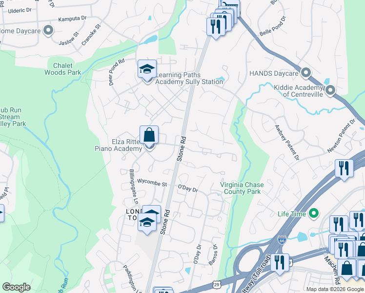 map of restaurants, bars, coffee shops, grocery stores, and more near Stone Road & Battery Ridge Lane in Centreville