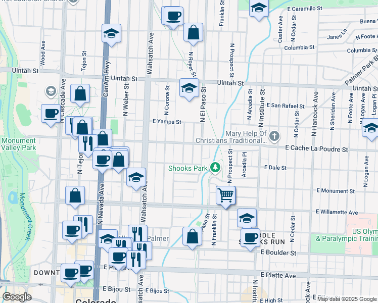 map of restaurants, bars, coffee shops, grocery stores, and more near 815 North Royer Street in Colorado Springs