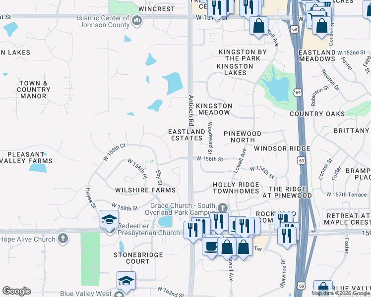 map of restaurants, bars, coffee shops, grocery stores, and more near 8802 West 155th Terrace in Overland Park