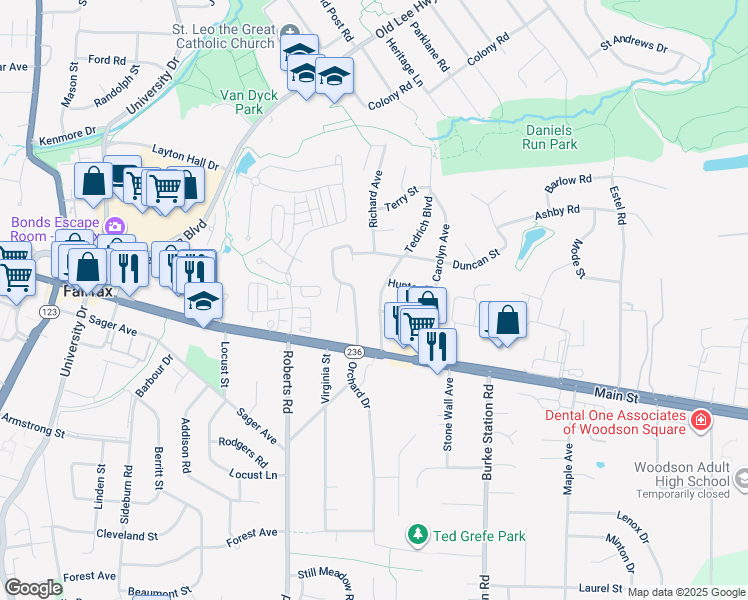 map of restaurants, bars, coffee shops, grocery stores, and more near 3912 Tedrich Boulevard in Fairfax