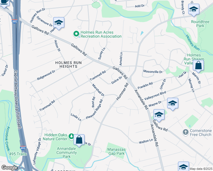 map of restaurants, bars, coffee shops, grocery stores, and more near 7519 Dolce Drive in Annandale