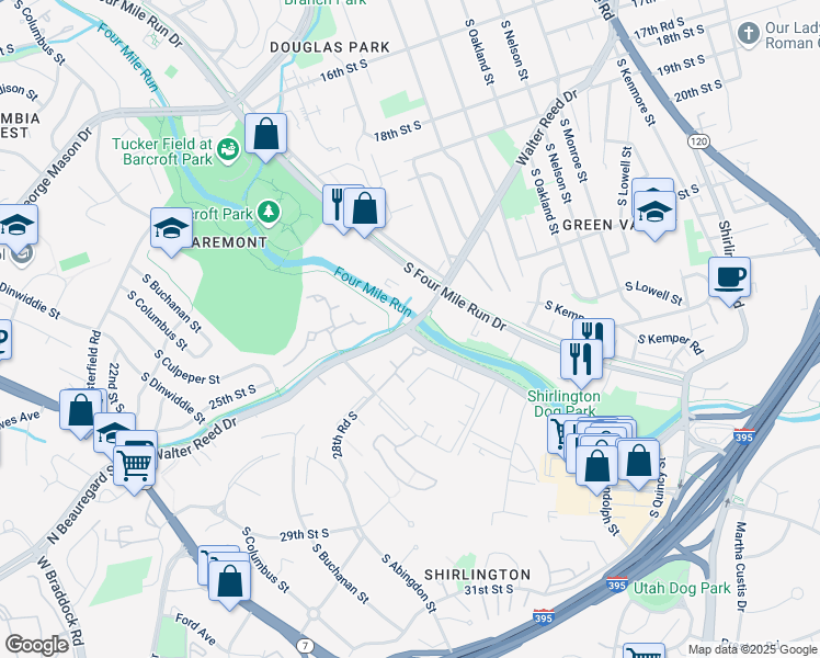 map of restaurants, bars, coffee shops, grocery stores, and more near 2446 South Walter Reed Drive in Arlington