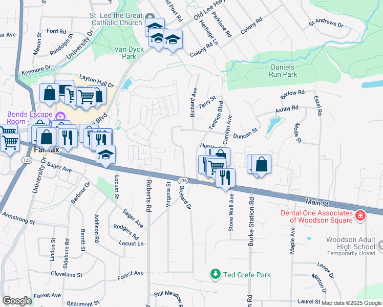 map of restaurants, bars, coffee shops, grocery stores, and more near 3912 Tedrich Boulevard in Fairfax