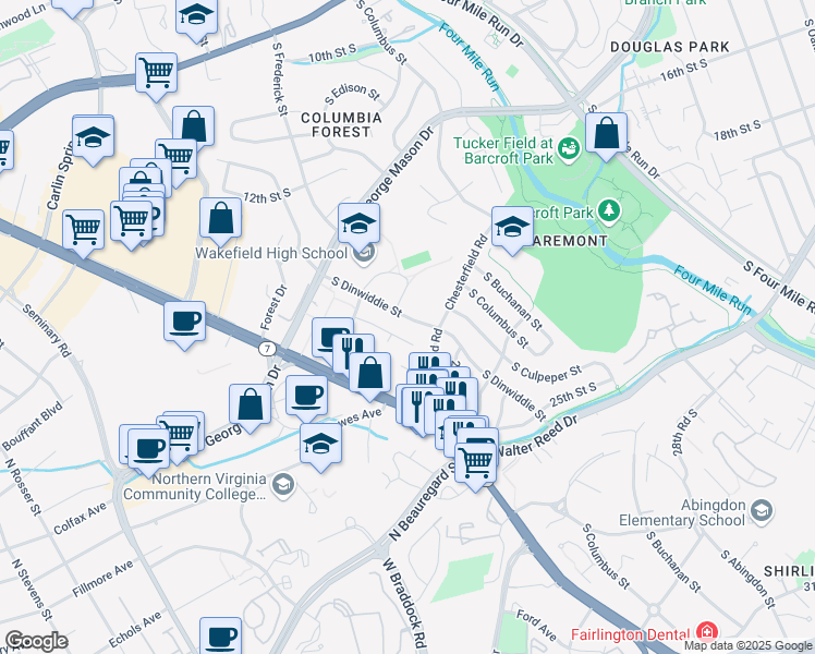 map of restaurants, bars, coffee shops, grocery stores, and more near 1432 South Dinwiddie Street in Arlington