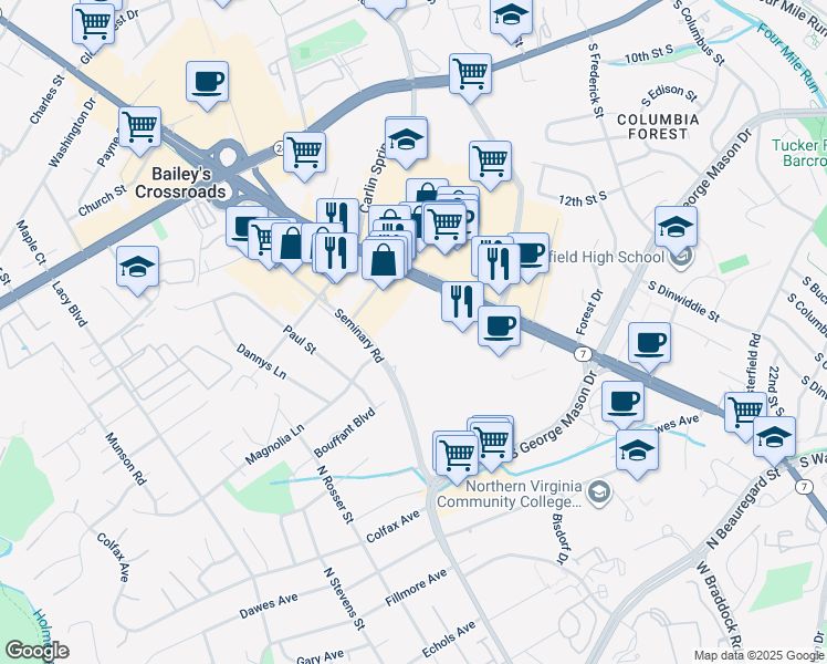 map of restaurants, bars, coffee shops, grocery stores, and more near 5599 Seminary Road in Falls Church