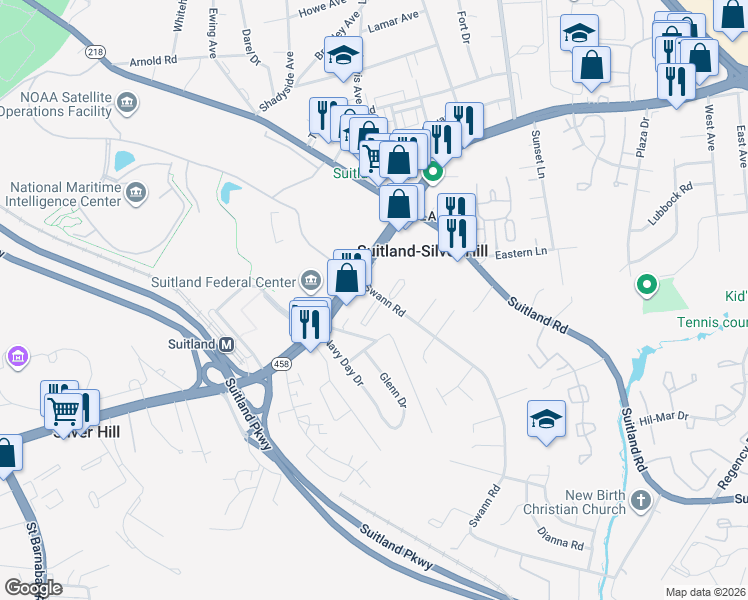 map of restaurants, bars, coffee shops, grocery stores, and more near 3215 Swann Road in Suitland-Silver Hill