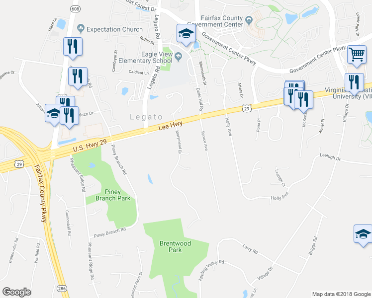map of restaurants, bars, coffee shops, grocery stores, and more near 4709 Marymead Drive in Fairfax