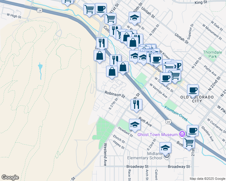 map of restaurants, bars, coffee shops, grocery stores, and more near 2710 Robinson St in Colorado Springs